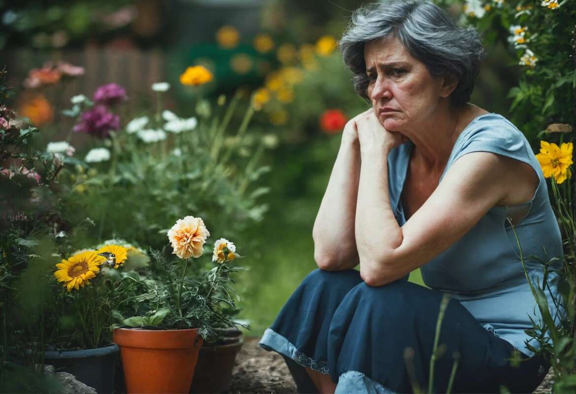 Unhappy Mother Sit In Garden